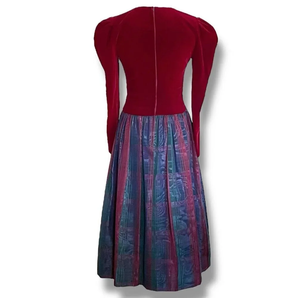 Vintage 1980s Nuit Womens Dress Sz 2 Petite Burgundy Velvet Puff Sleeve Midi - Picture 10 of 13
